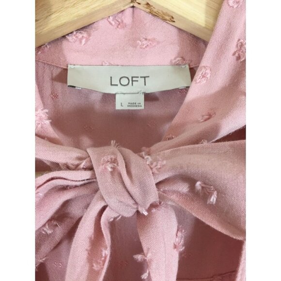 LOFT Blouse Button Down Pink Collar Tie Swiss Dot Size L - Picture 3 of 8